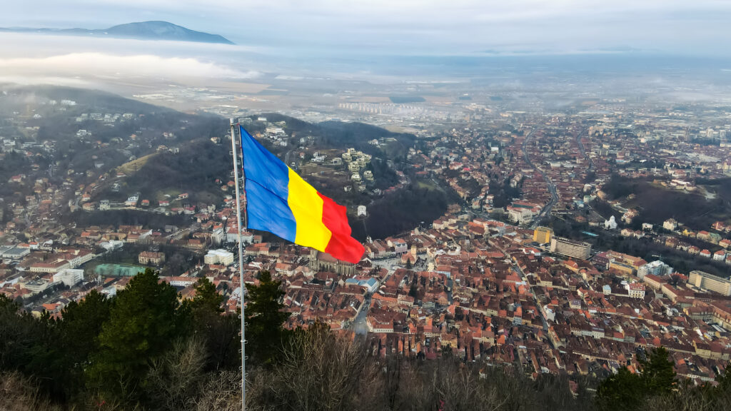 National flag on the top of the hill in Brasov, Romania